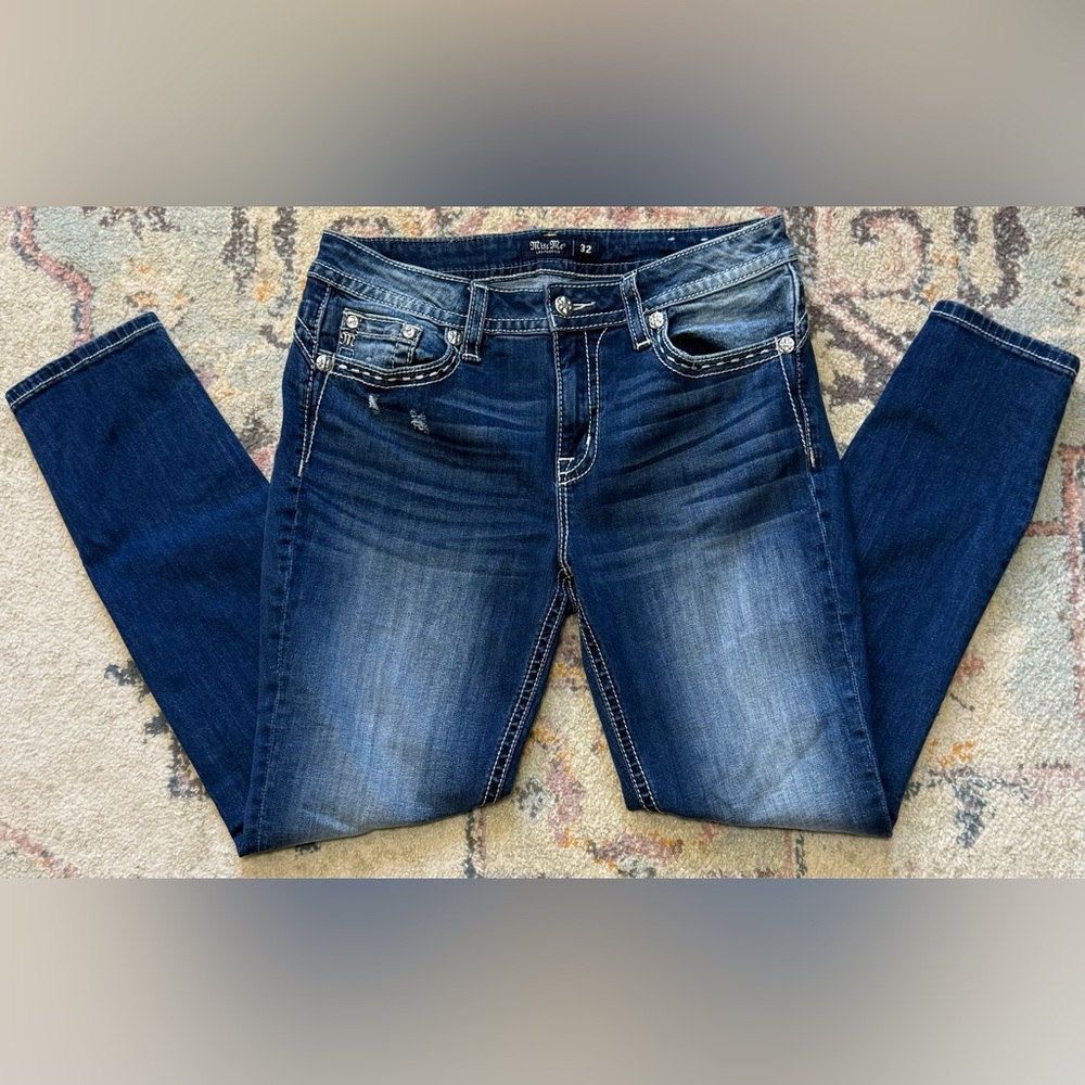 Miss Me Womens Size 32 Mid Rise Skinny Jeans Embellished Pockets Western
